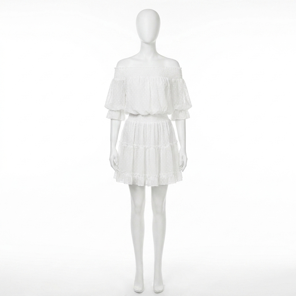 NEW BLUIVY swiss dot off shoulder dress in white